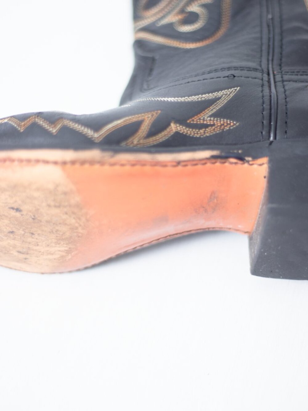 Vintage Cowboy Boots | Black Leather | Gold Stitch Inlay | Women's 8.5 / Men's 7 - Picture 15 of 16
